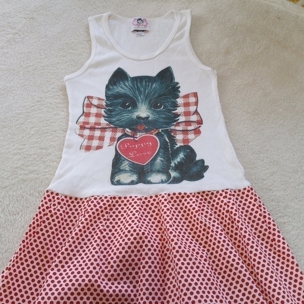 Girls Valentines Red & White Polka Dot Tank Top Puppy Love Sundress - Picture 2 of 9